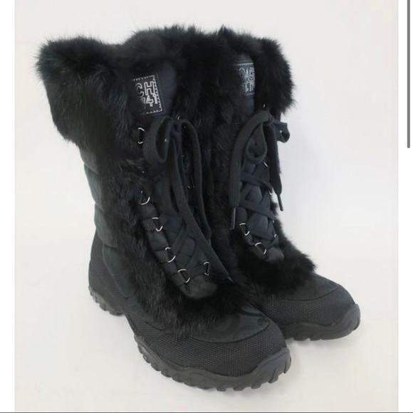 Coach Jennie Fur Trimmed Boots Black Logo Jacquered Sz 8